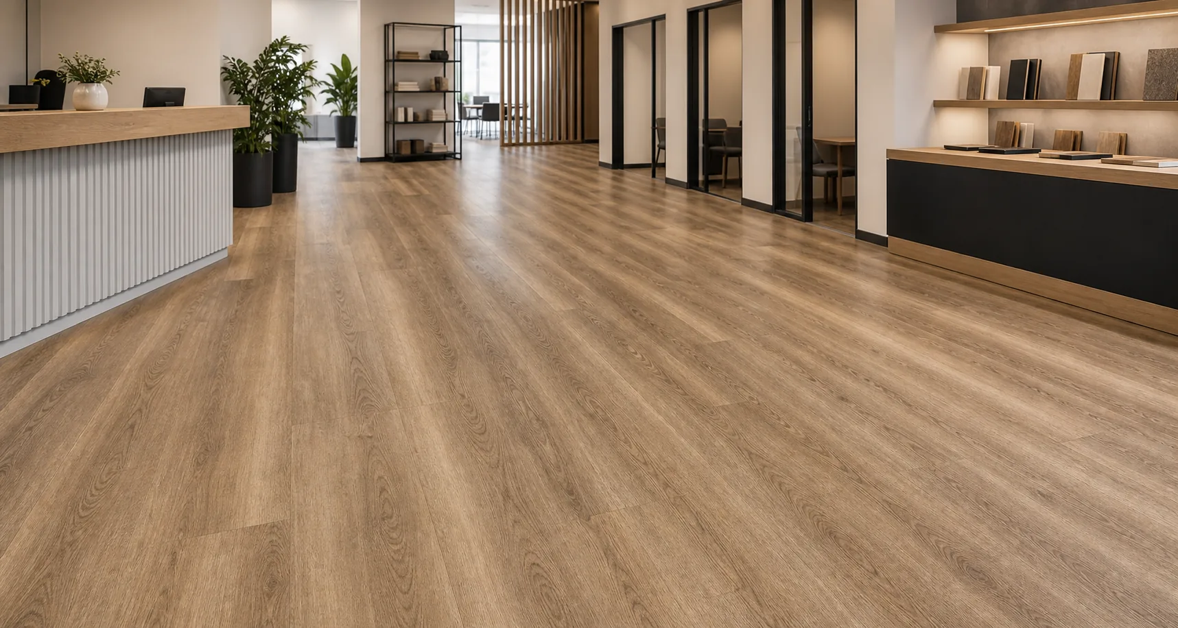 Completed timber-look vinyl plank flooring in a bright commercial interior