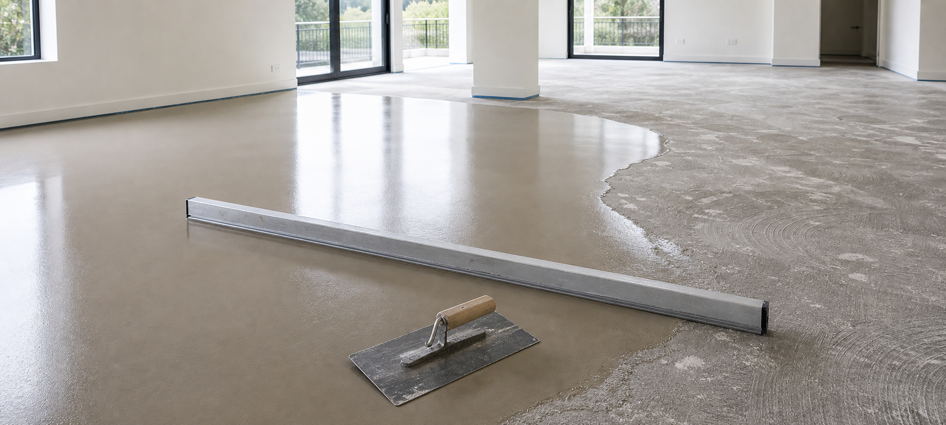 Tidy floor preparation with smoothing compound and tools ready for resilient flooring