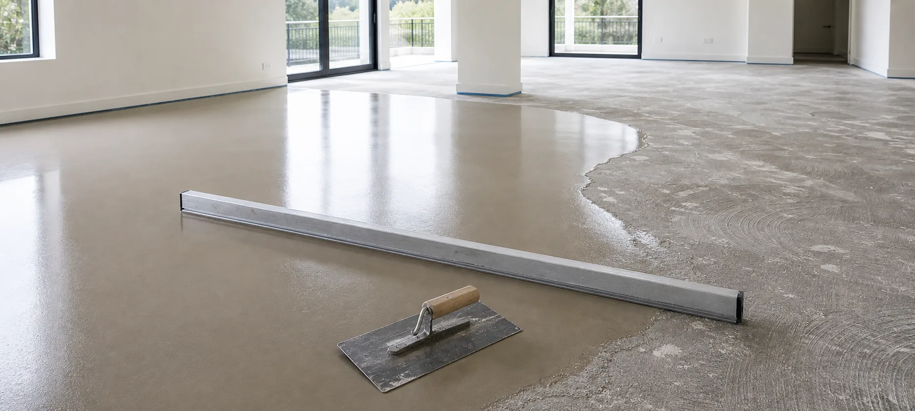 Tidy floor preparation with smoothing compound and tools ready for resilient flooring