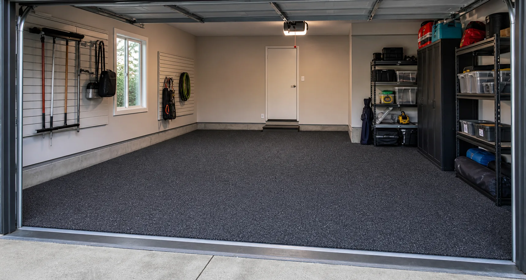 Finished garage carpet installation in a clean residential garage